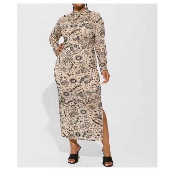 Torrid Beige Celestial Long Sleeve Bodycon Maxi Stretch Mesh Mock Neck Dress 1X - Picture 1 of 14